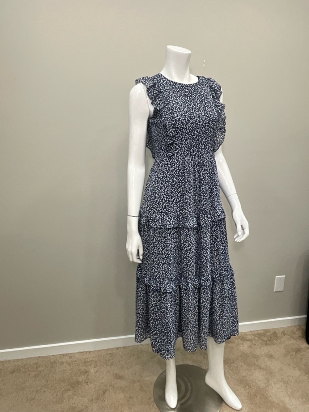 J.CREW Provence Smocked Waist Midi Dress Navy Floral Ruffle Sleeve Size 0